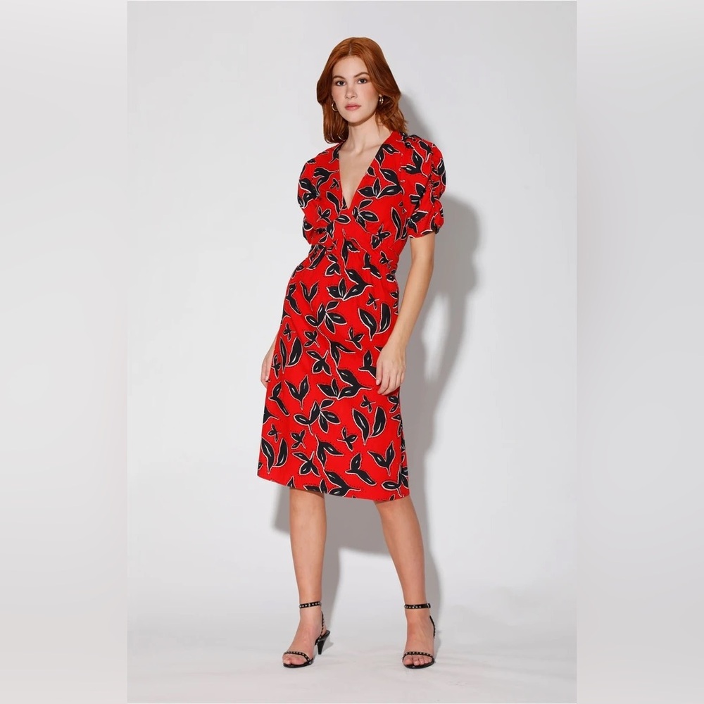 Walter Baker Fabienne Midi Dress Bold Persimmon Black Red Cotton Medium